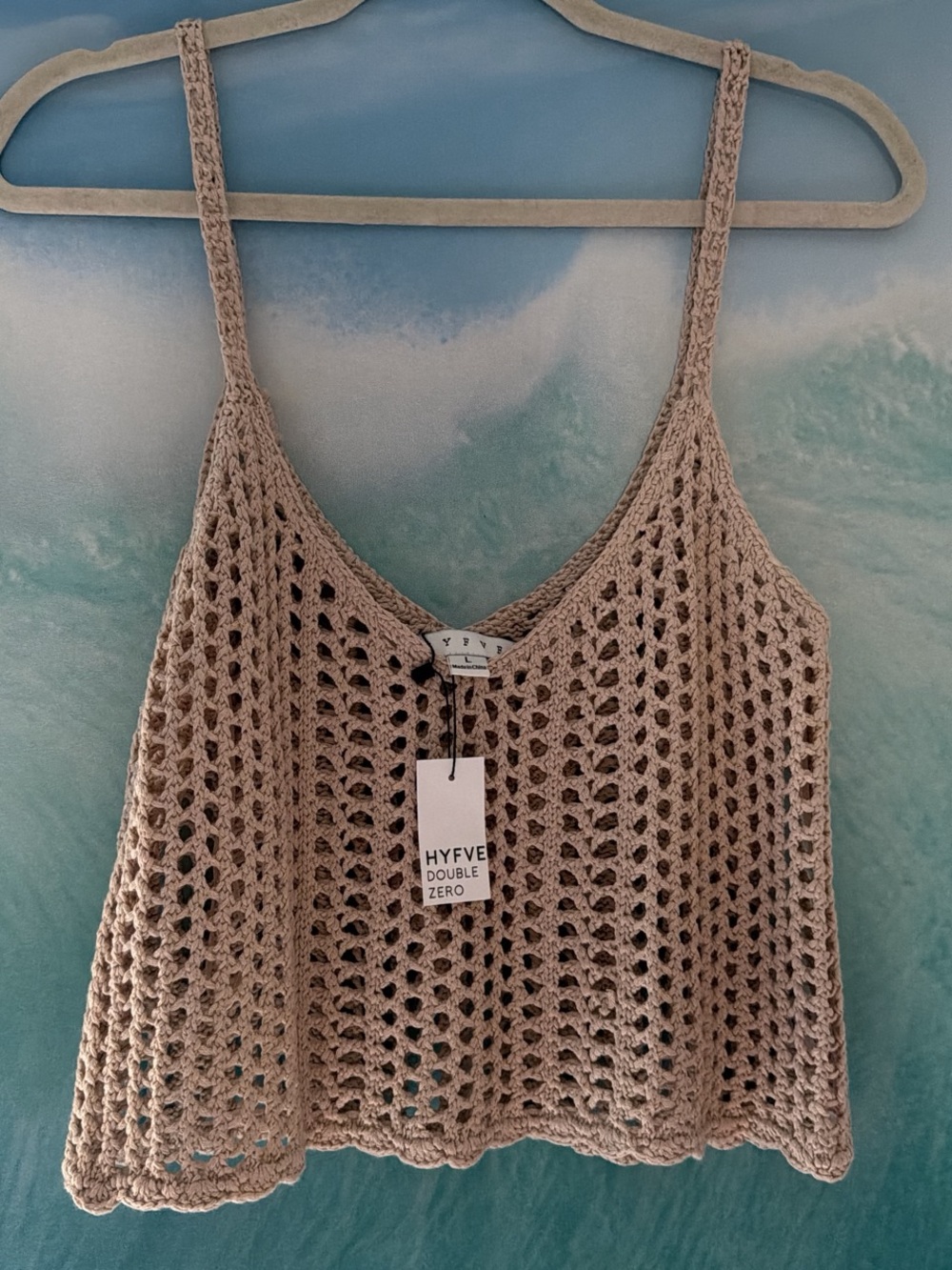 HYFVE Crochet Open-Knit Crop Tank Top in Taupe Beige